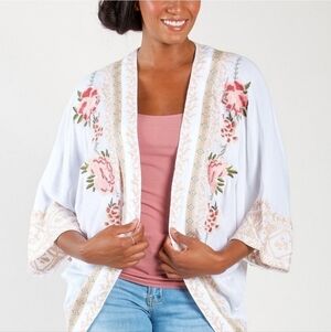 PAPPARAZI BOHO WHITE FLORAL OPEN FRONT EMBROIDERED CARDIGAN SIZE S/M
